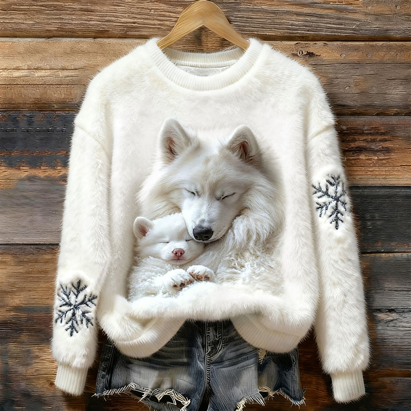 Christmas Snowflake And Sleeping Wolf Pattern Plush Thermal Sweater elevenforest