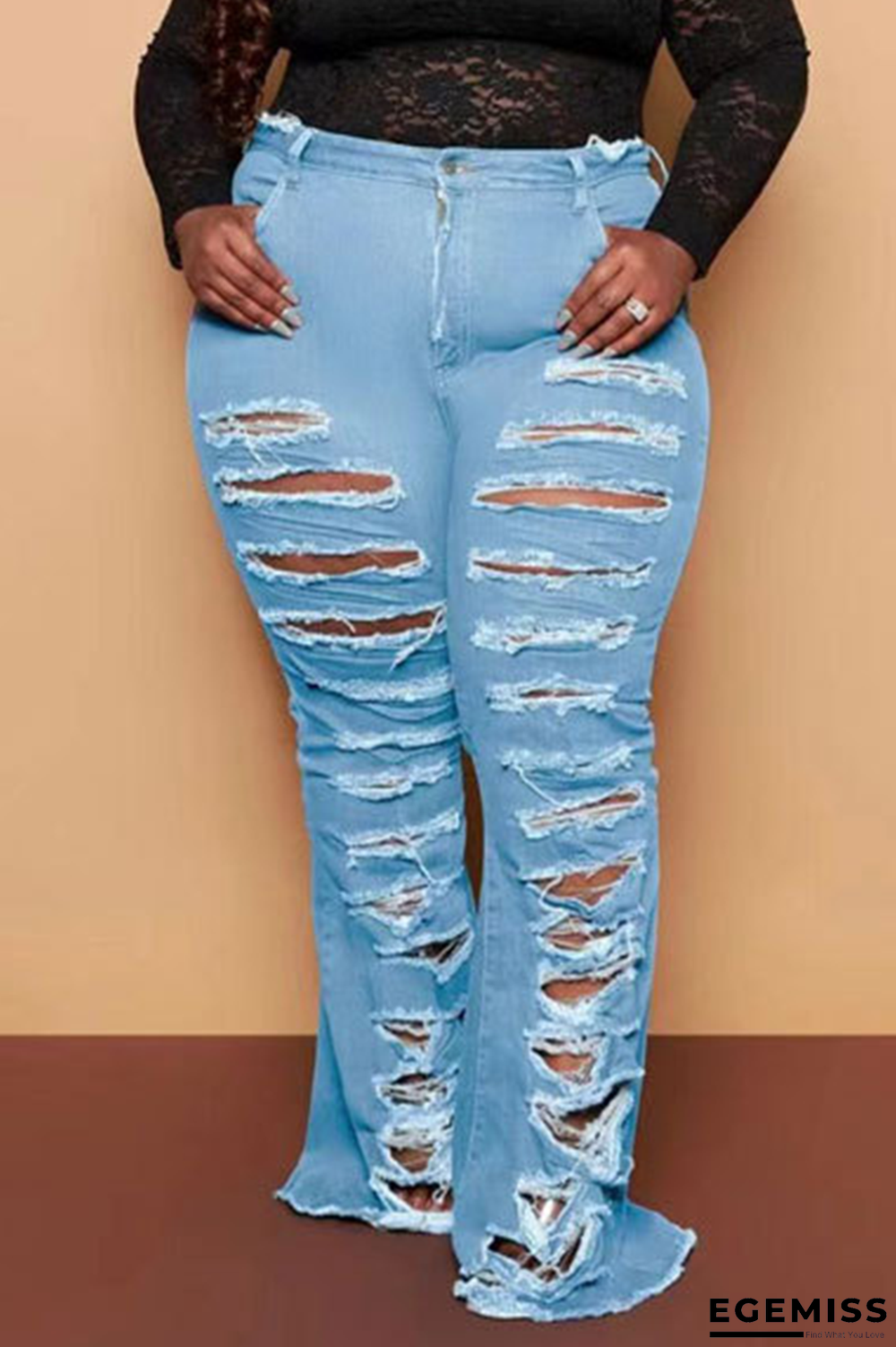 Baby Blue Casual Solid Ripped Plus Size Jeans | EGEMISS