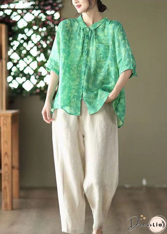 Plus Size Green Peter Pan Collar Patchwork Linen Blouses Summer