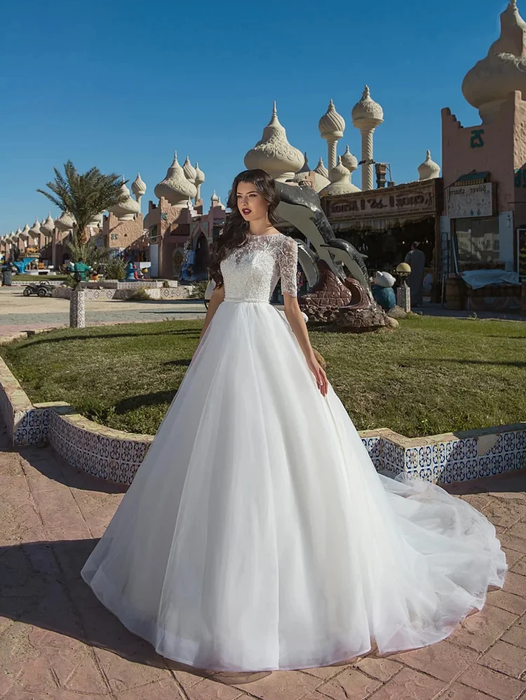omen's Wedding Dress for Bride Lace Applique Evening Dress Half Sleeve Ball Gowns