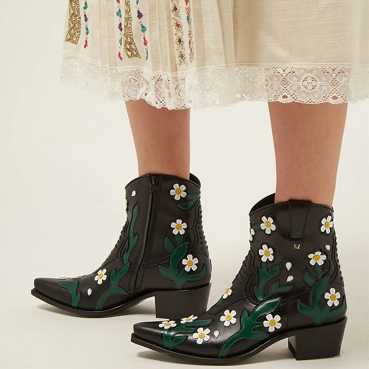 Black Snip Toe Cowgirl Ankle Boots with Zipper and Flower Inlay |FSJ Shoes