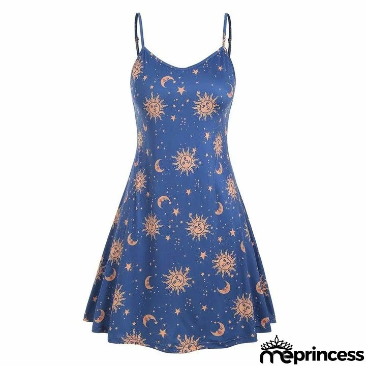 Fashion Casual Boho Sun Moon Star Print Women Sundress