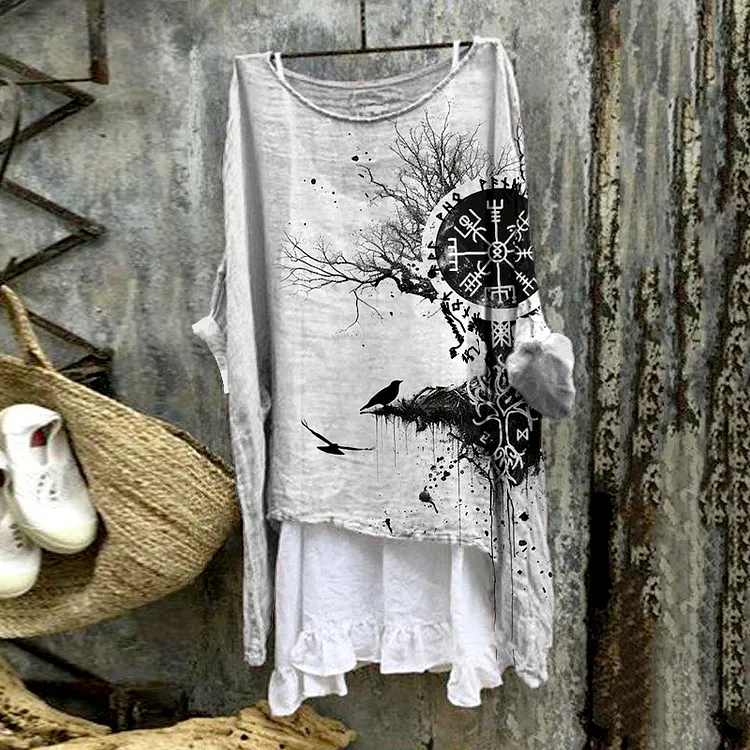 Retro Viking Tree Of Life Print Vintage V-Neck Sleeveless Lace Patch Dress main image 0