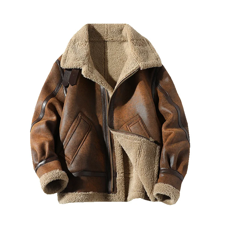 Men's Large Size Air Force Fur Fleece Thickened Jacket A2 Bomber Retro Sheepskin Jacket Coat