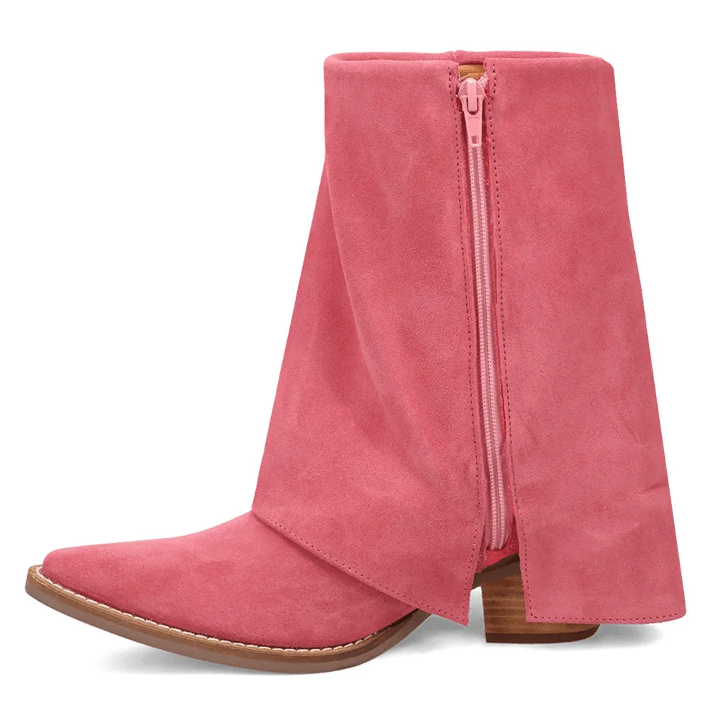 Vegan Suede Chunky Heel Almond Toe Fringe Cowgirl Boots in Pink