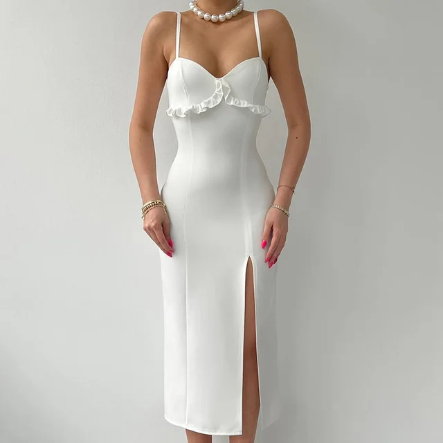 Summer Elegant Women’s Dress Solid Color Slit Camisole Skinny Ruffle Decoration Wedding Evening Party Outfit