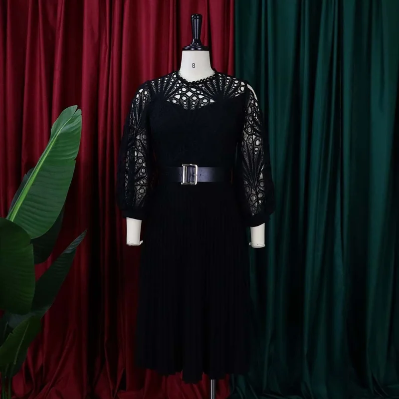 Crochet Lace Pleated Party Dress - Black