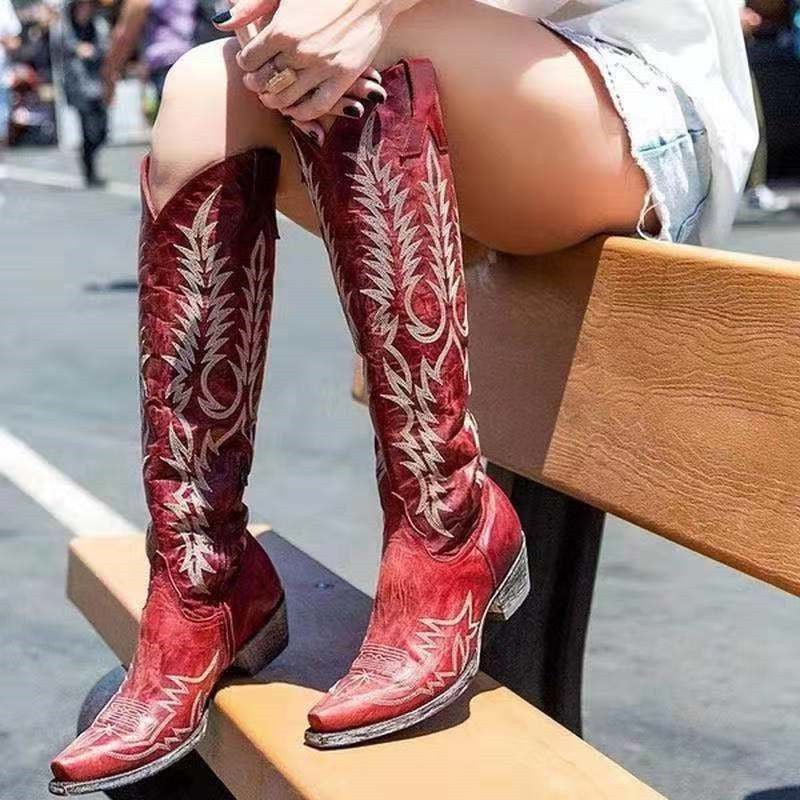 2020 Female High Heel Leather Shoes Knee-High Cowboy Boots Stylish Women Boots Autumn Vintage Long Tube Knight Boot
