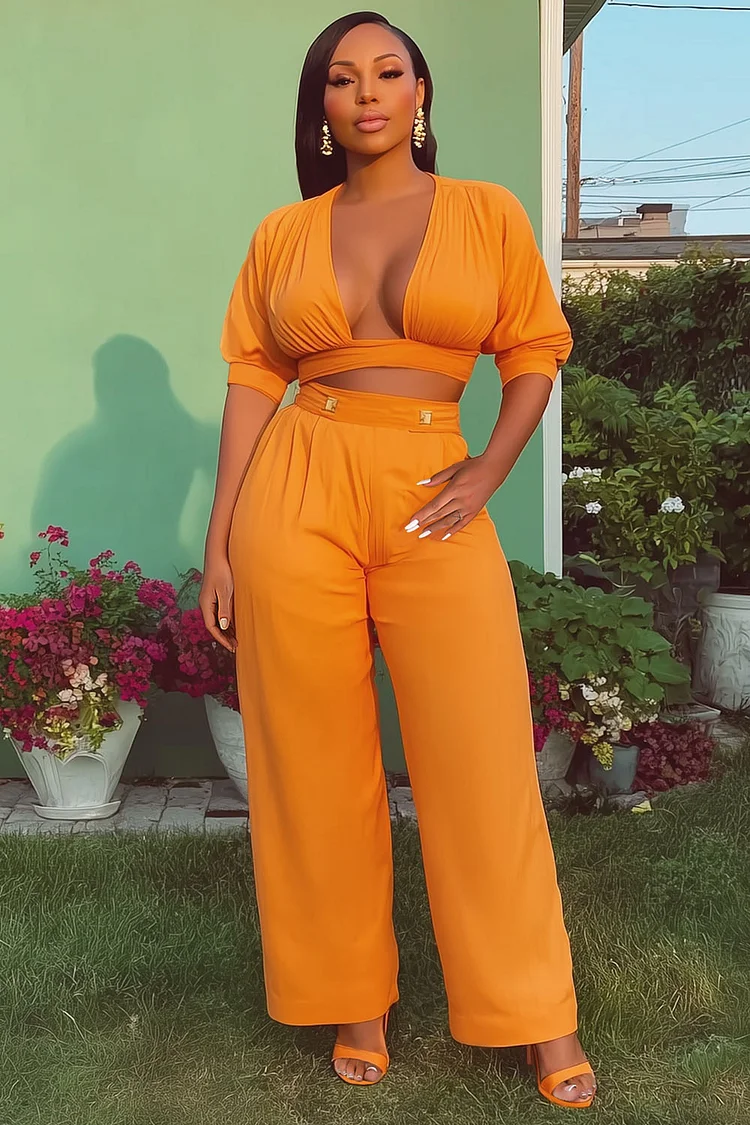 3/4 Sleeve Deep V Neck Top Wide Leg Pants Solid 2pcs Set-Orange [Pre Order]
