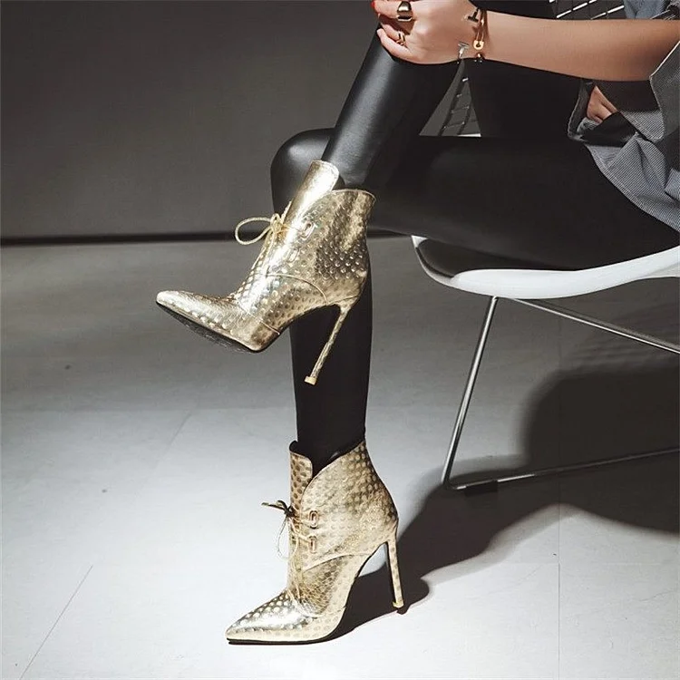 Champagne Lace up Boots Stiletto Heel Pointy Toe Ankle Boots |FSJ Shoes
