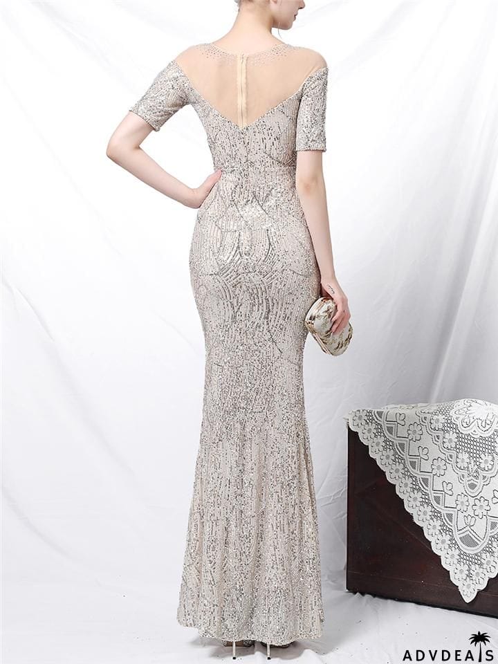 Shimmering Sequined Illusion Neck Mermaid Dress for Evening Party
