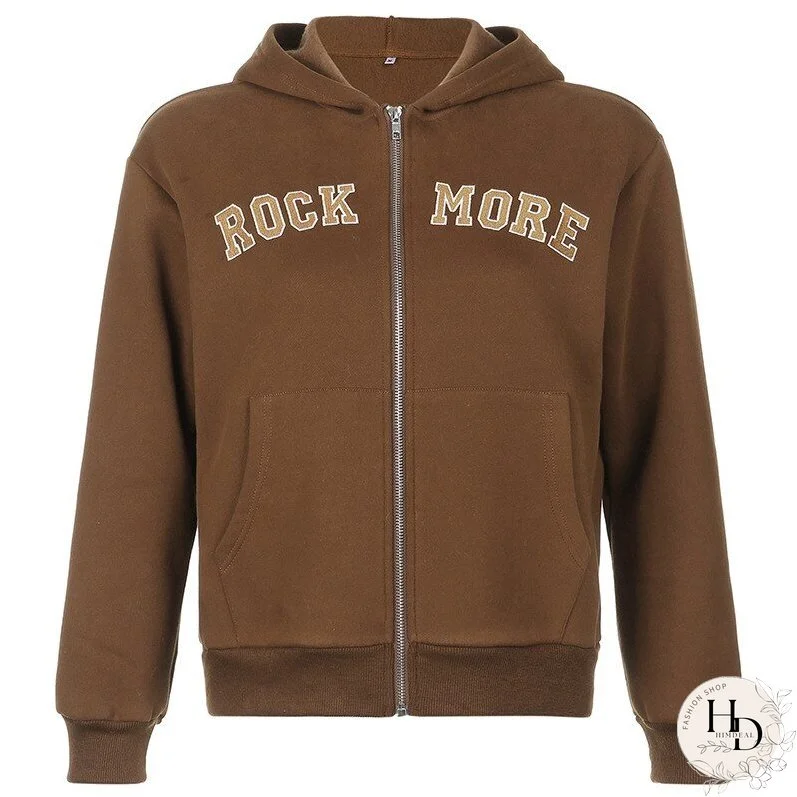 Christmas Gift JMPRS Brown Y2K Aesthetic Hoodies Women Vintage Winter Thick Zip Up Sweatshirt Jacket Streetwear Letter Black Hooded Female Coat