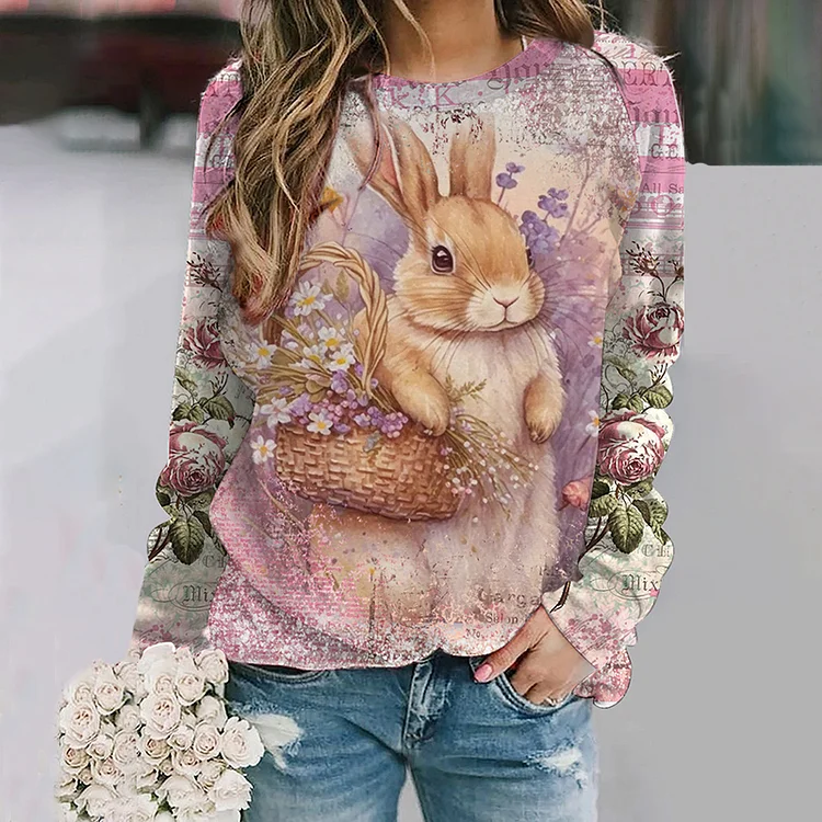 VChics Vintage Painting Poster Easter Bunny Print Sweatshirt