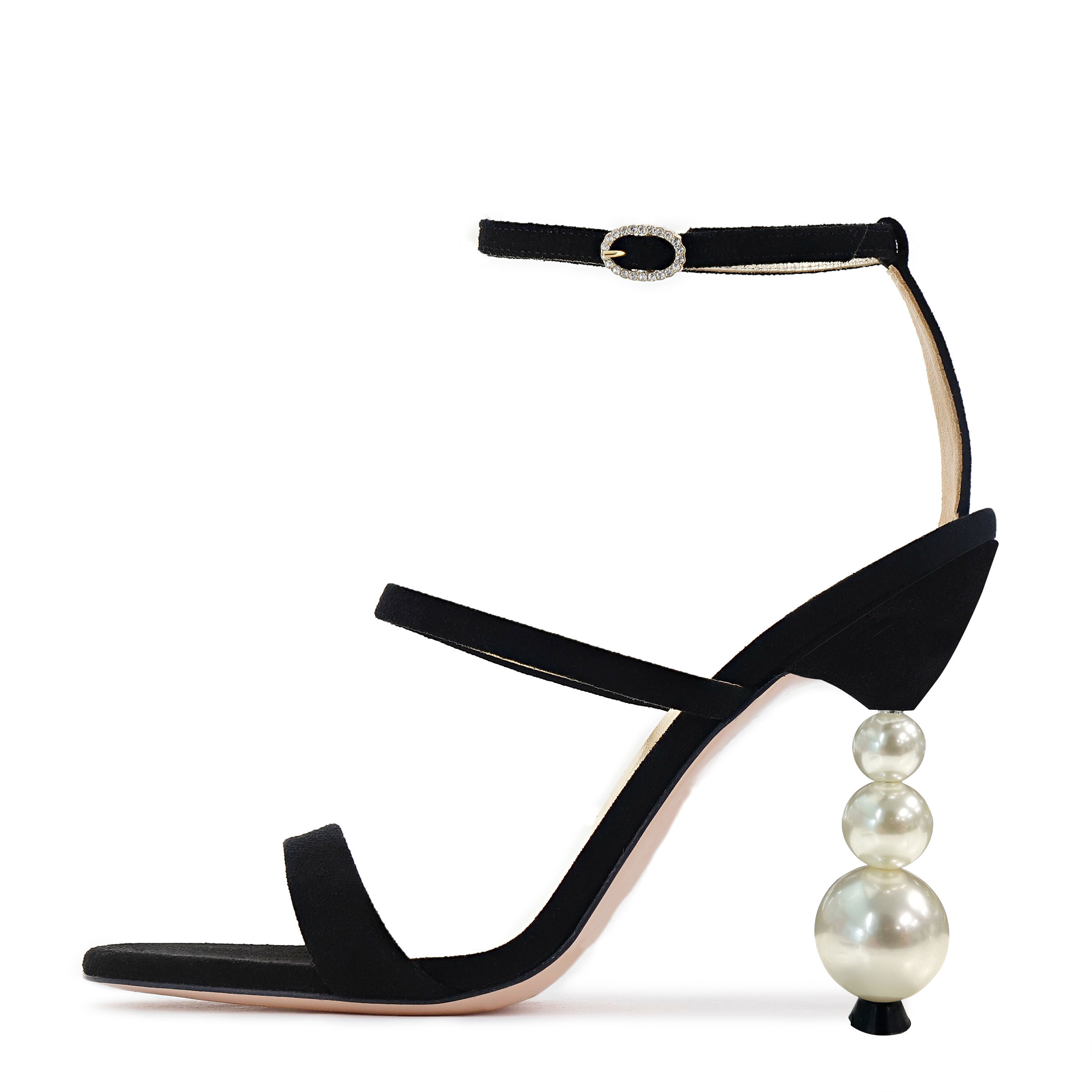 Black Vegan Suede Pearl Decorative Heel Dress Sandals for Women Nicepairs