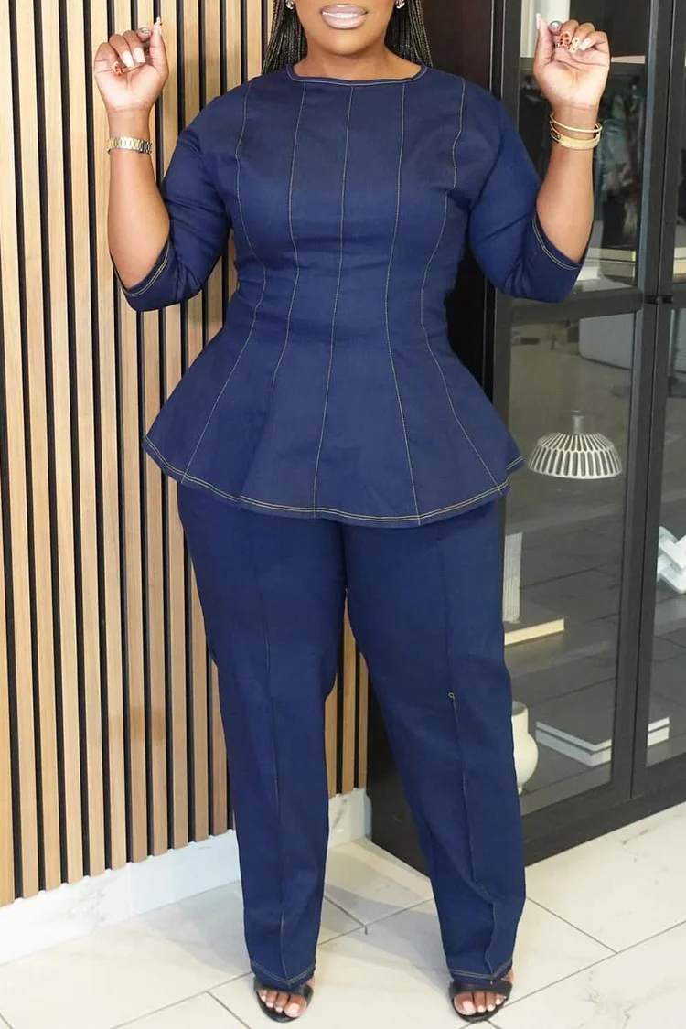 Plus Size Business Casual Blue Round Neck Half Sleeve Pocket Elegant Two Piece Pant Sets [Pre-Order]