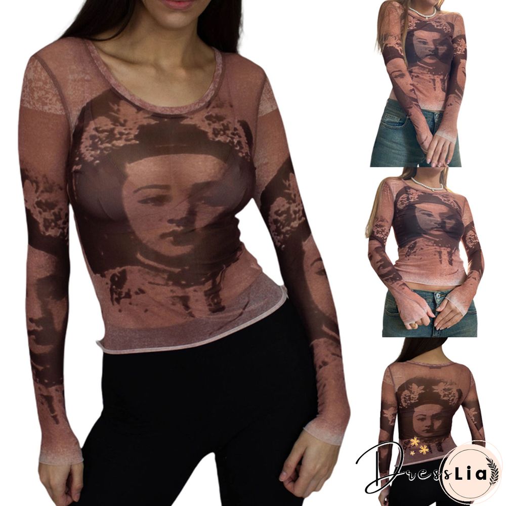 Y2k Women Long Sleeve T-shirt Anime Aesthetic Portrait Printing Mesh Yarn Round Neck Tops Goth Harajuku Streetwear