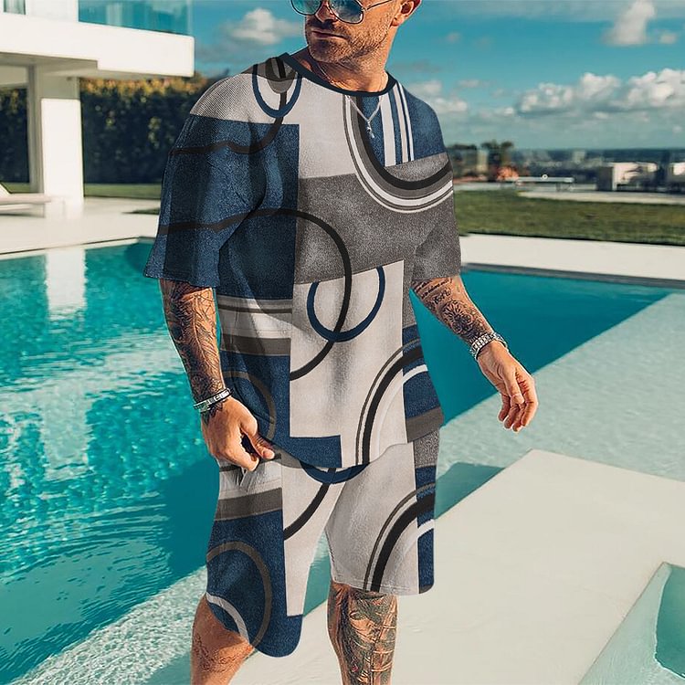 Summer 3D Patchwork Printed T-Shirt Set Sports Short Sleeve + Shorts 2 Piece Men's Fashion Casual Breathable Crew Neck Clothing - Shop Trendy Women's Fashion | TeeYours