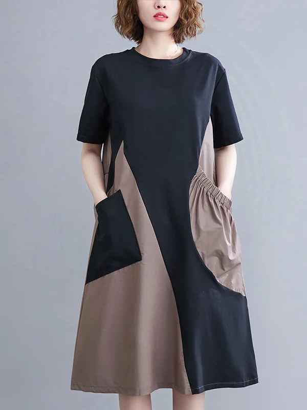 Original Loose Split-Joint Contrast Color Midi Dress
