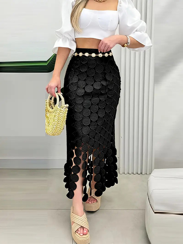 Tasseled Split-Joint Solid Color High Waisted Bodycon Skirts BLACK-M