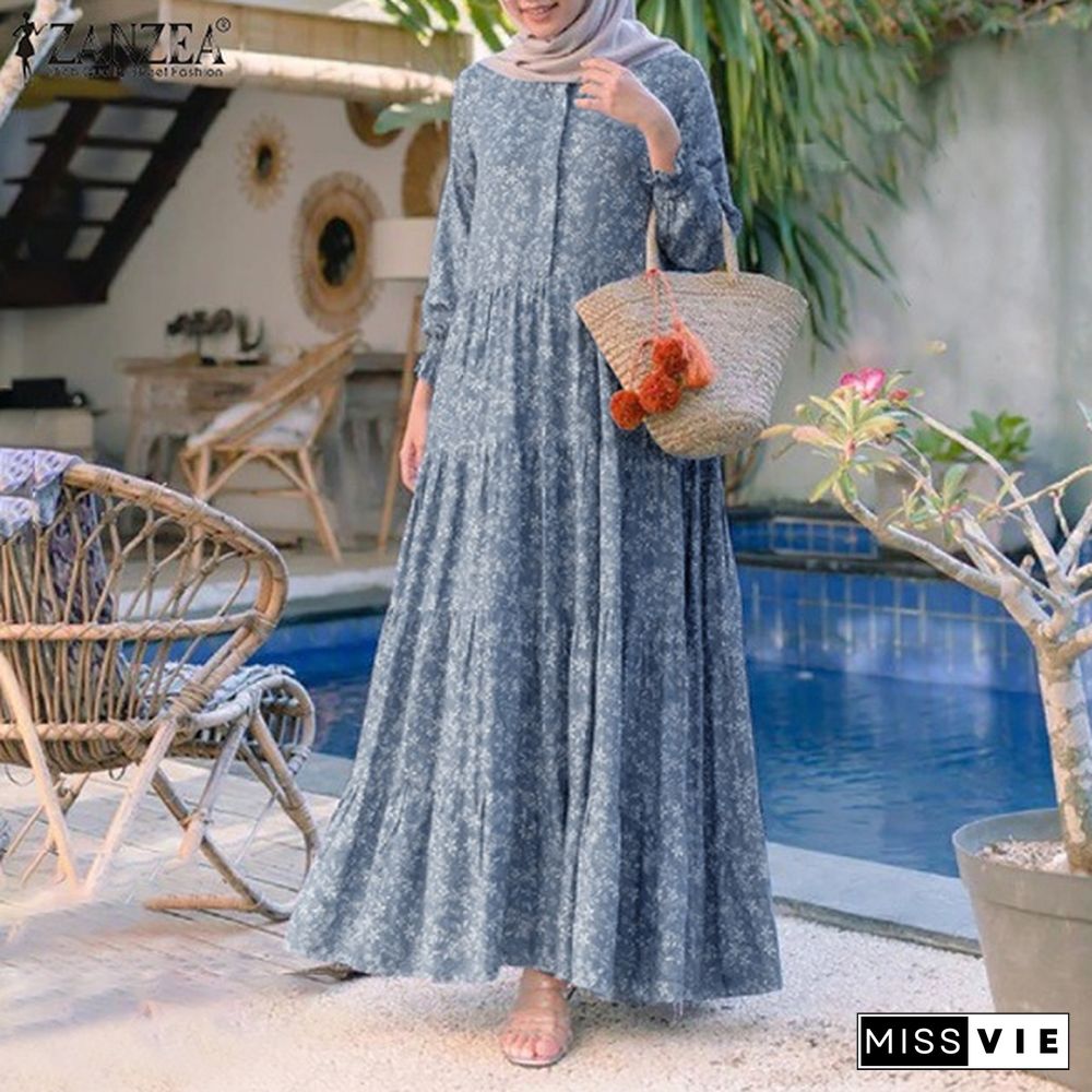 ZANZEA Women Muslim Elegant Baggy Kaftan Flota Robe Printed Abaya Holiday Dubai Islam Long Maxi Shirt Dress