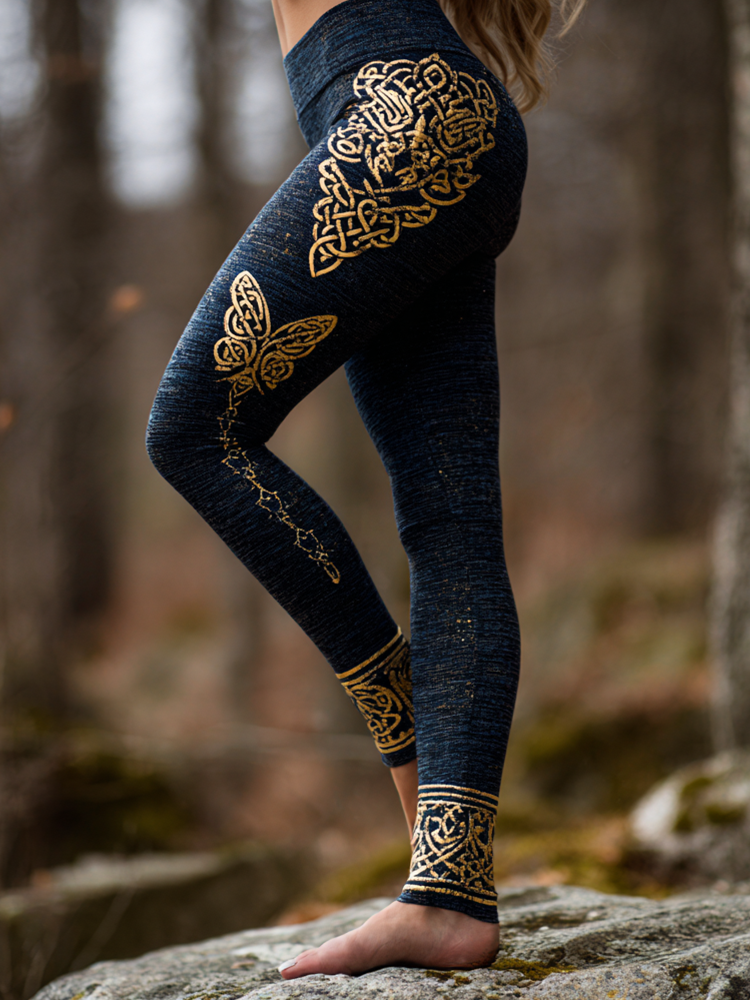 Viking Retro Celtic Butterfly Pattern Women's Tight Knit Leggings elevenforest