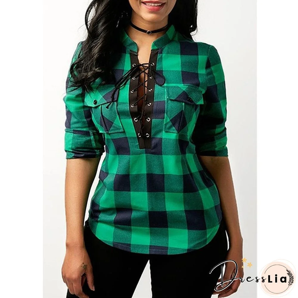 Women V-neck Lace Up Plaid Blouse Tops Irregular Loose Large Size Woman V-neck Shirt（Blue, Red, Green，S-5XL）