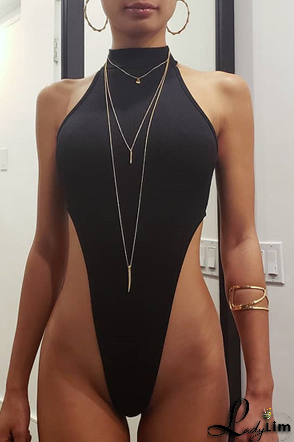 Tangerine Red Sexy Solid Split Joint O Neck Skinny Jumpsuits