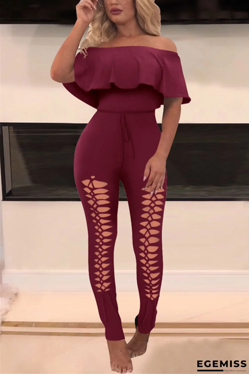 Wine Red Fashion Sexy Off Shoulder Jumpsuit | EGEMISS