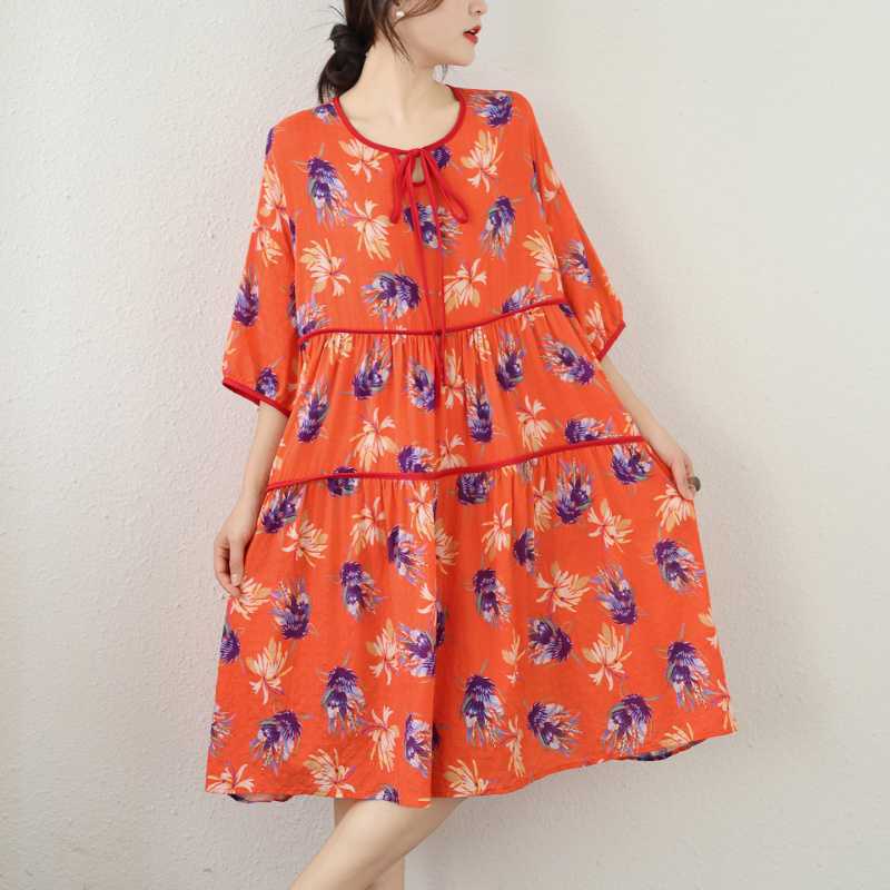 Loose cotton-linen print dress