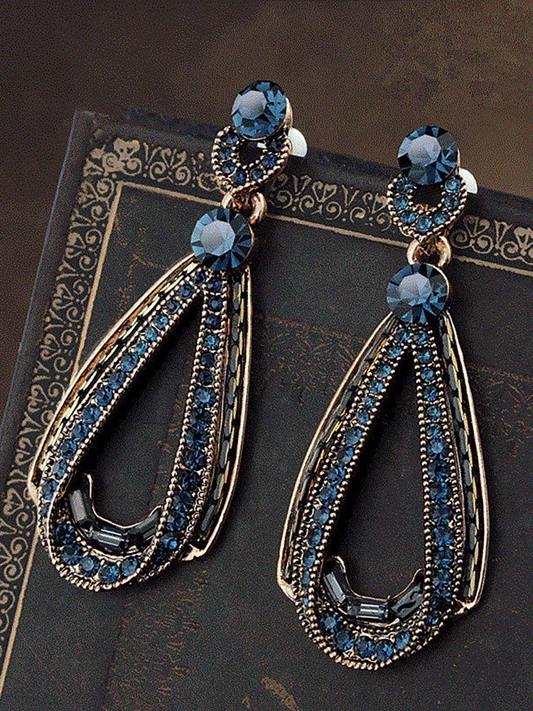 Women's Vintage Luxury Earrings Hollow Sapphire Dangle Gold Drop Sharp Rhinestones Earrings