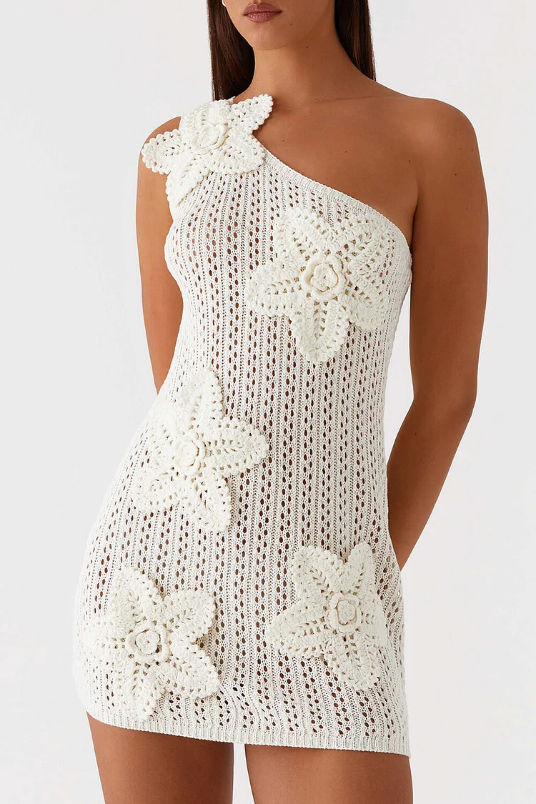 Crochet 3D Flower One Shoulder Hollow Out Vacation Fitted Mini Dresses-White