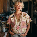 Bohemian Floral Bird Embroidery Casual V-neck Short-sleeved Top - Image 2