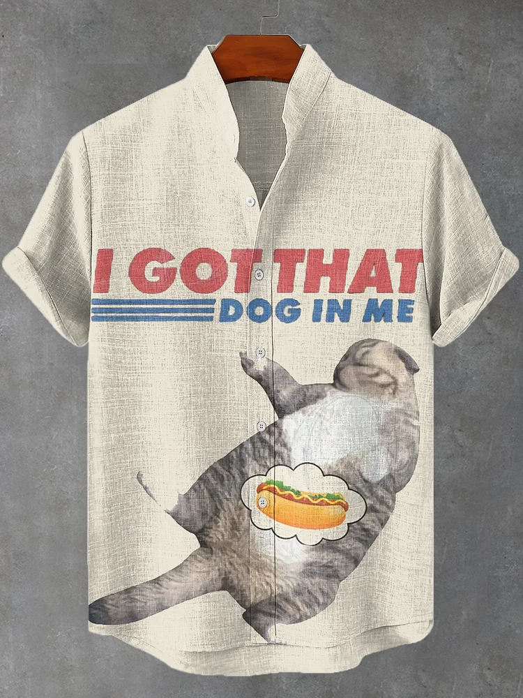 Men's I Got That Dog In Me Funny Lazy Cat Print Linen Blend Shirt