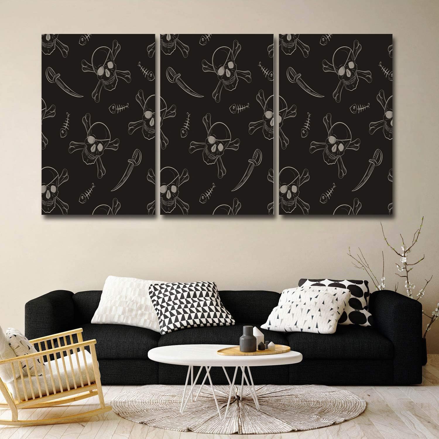 3 Piece Canvas Wall Art for Living Room, Skull Stretched and Framed Art Canvas Prints for Home Holiday Decor 16 inch  W x 20 inch  H x 3 Panels, Ready to Hang - Dagger and Skeleton Crossbones Pirate Horror Fear 16&#034; W x 20&#034; H x 3 panels