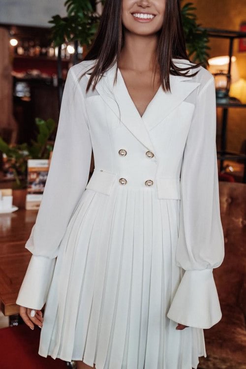 White Pleated Buttons Work Dress - Chicaggo