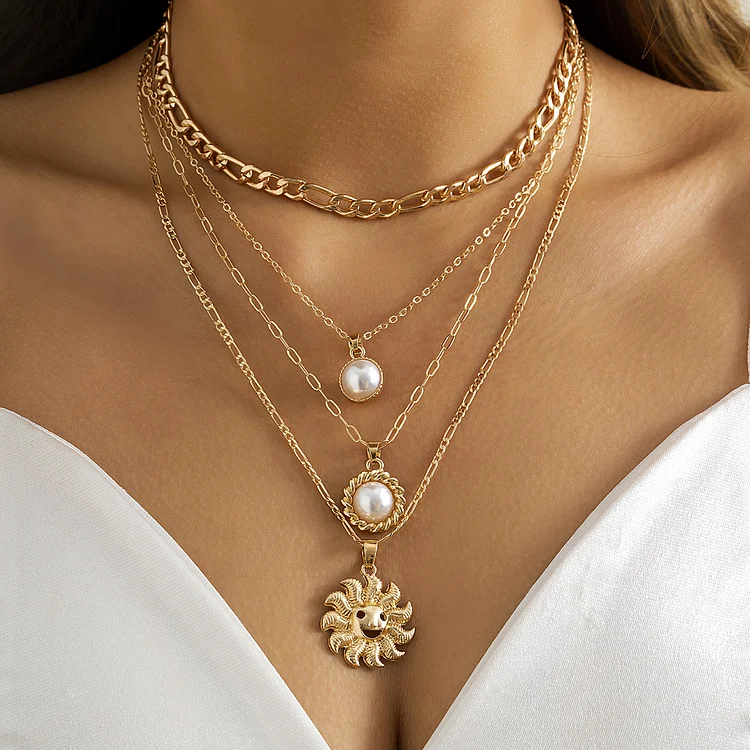 Layered Sunflower Imitation Pearl Pendant Necklace KERENTILA