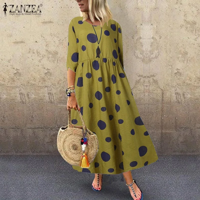 Autumn Summer Dress Women Vintage Vestidos ZANZEA 2022 Pleated Printed Long Maxi Dresses Tunic Party Femme 3/4 Sleeve
