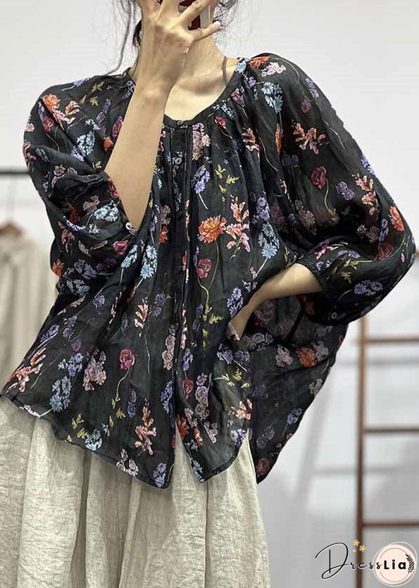 Loose White O Neck Print Button Cotton Shirt Bracelet Sleeve