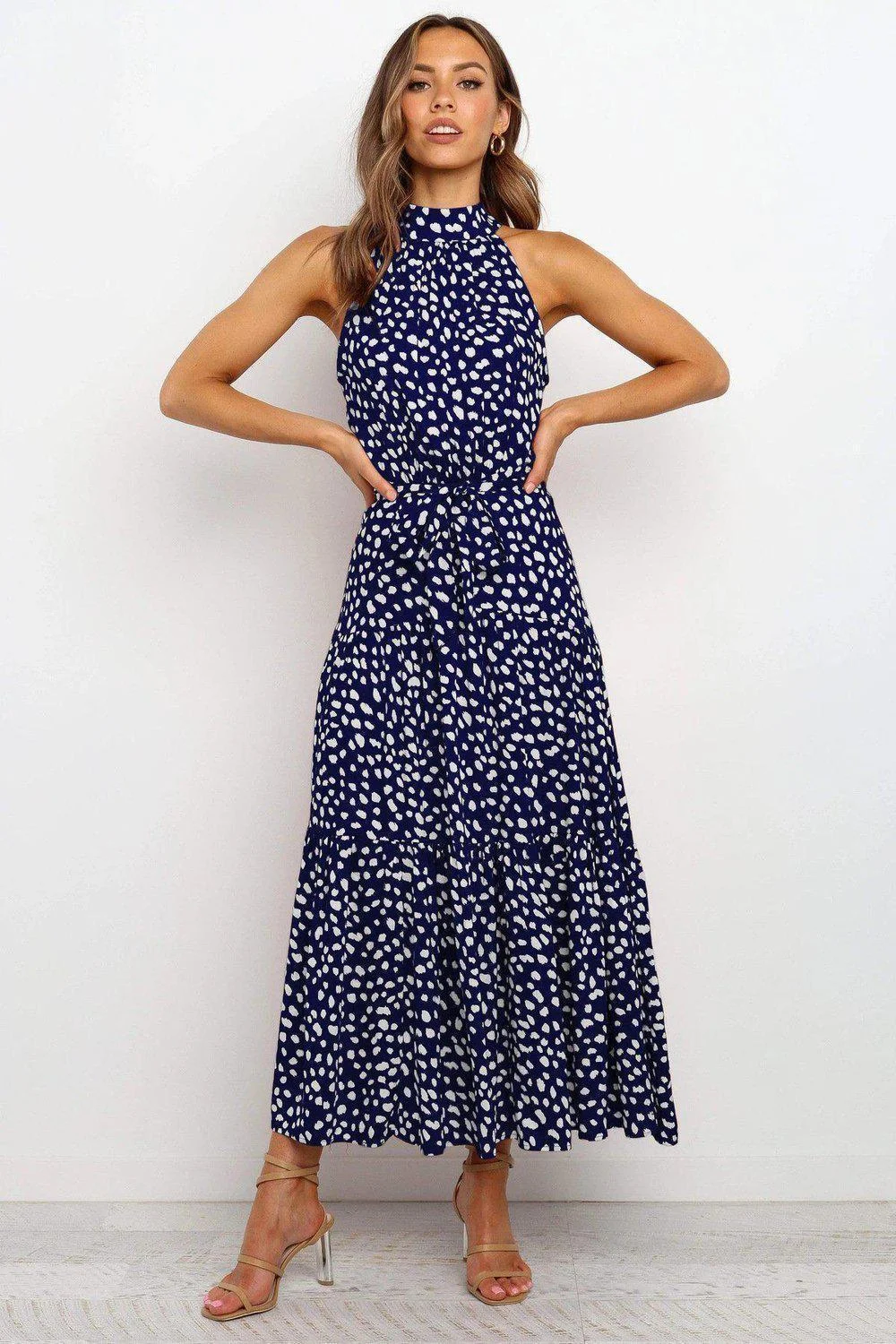 Vintage Printed Round Neck Sleeveless Slim Fit Maxi Dress