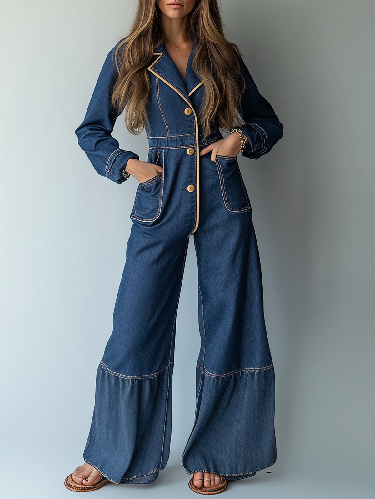 Ursime Denim Lapel Button Pocket Long Sleeve Bootcut Jumpsuit