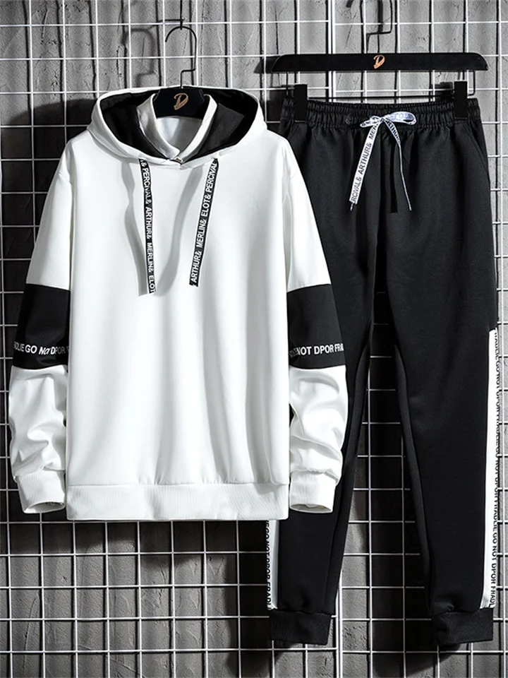Men's Tracksuit Sweatsuit Jogging Suits Black White Hooded Letter Patchwork 2 Piece Sports & Outdoor Daily Streetwear Cool Casual Spring & Fall Clothing Apparel Hoodies Sweatshirts 