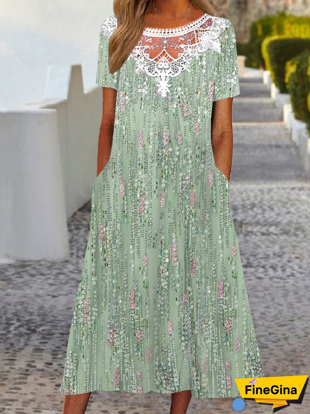 Women's Floral Printed Lace Short Sleeve Scoop Neck Midi Dress