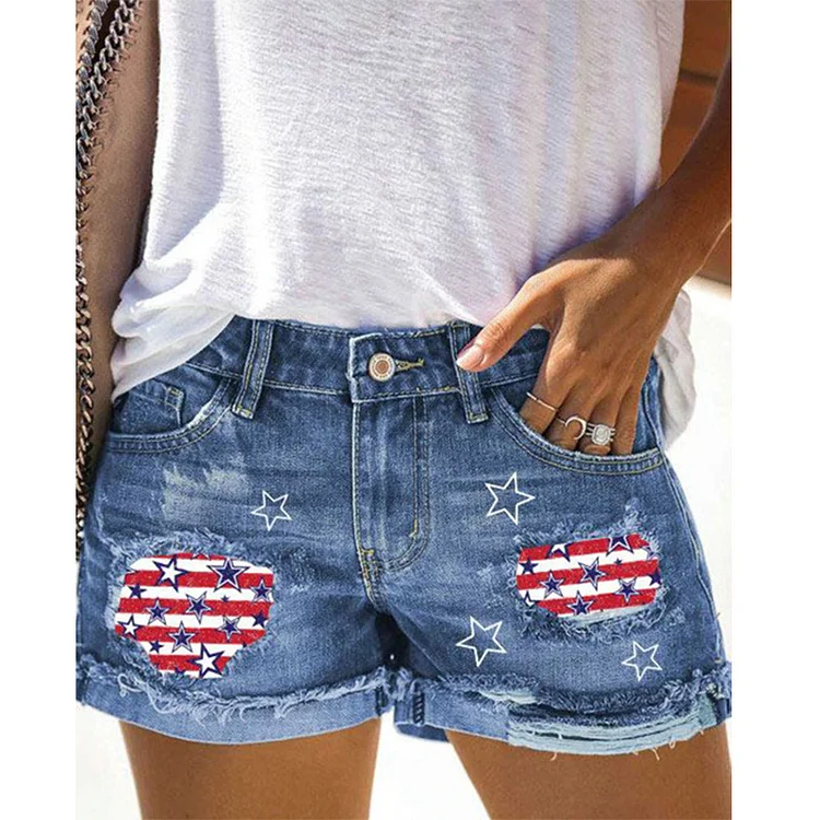 Printed Cuffed Ripped Denim Shorts