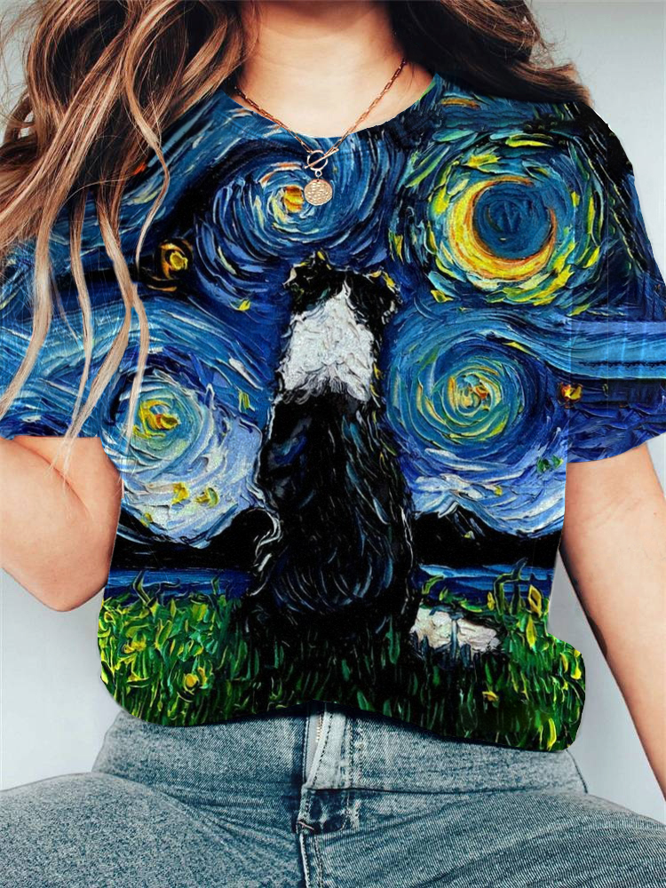 Comstylish Women's Casual Collie Oil Painting Printing T-shirt