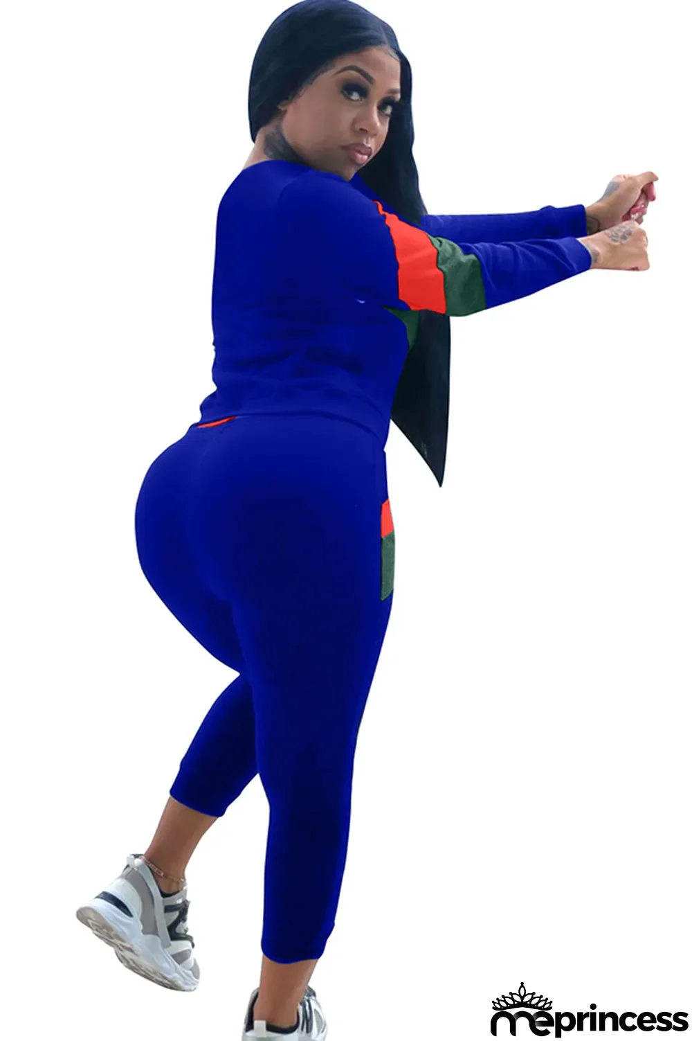 Blue Polyester Casual Two Piece Suits Patchwork Striped Straight Long Sleeve Two-piece Pants Set