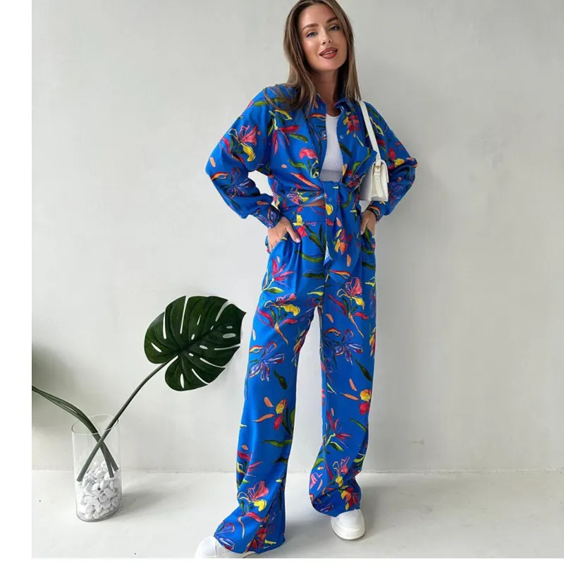 Plus Size Women printed lace-up loose shirt and straight pants two-piece set