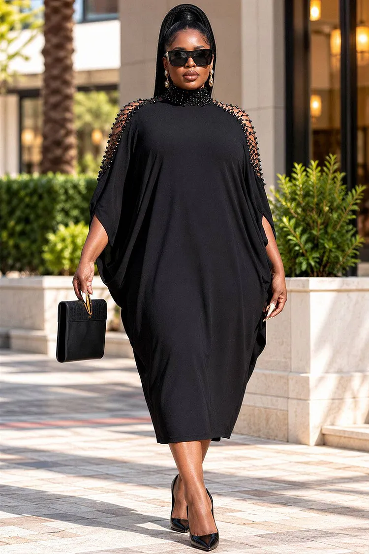 Xpluswear Design Plus Size Party Black Stand-Up Collar 3/4 Sleeve Rhinestone Knitted Midi Dresses [Pre-Order] 2024 - Xpluswear