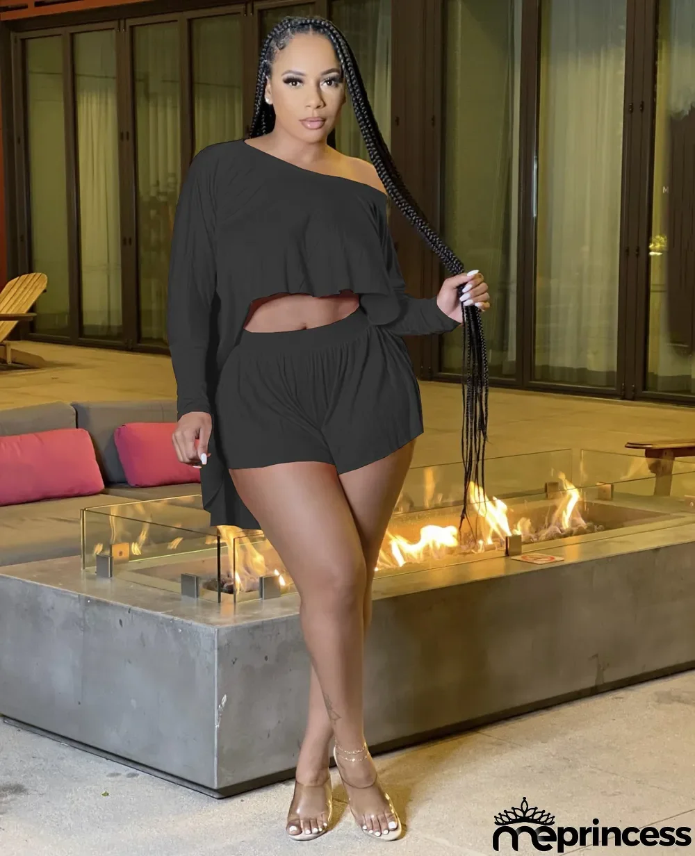 Solid Long Sleeve Two Piece Shorts Set