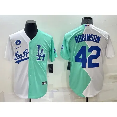 Men's Los Angeles Dodgers #42 Jackie Robinson 2022 All-Star White/Green Cool Base Stitched Baseball Jersey U6GE