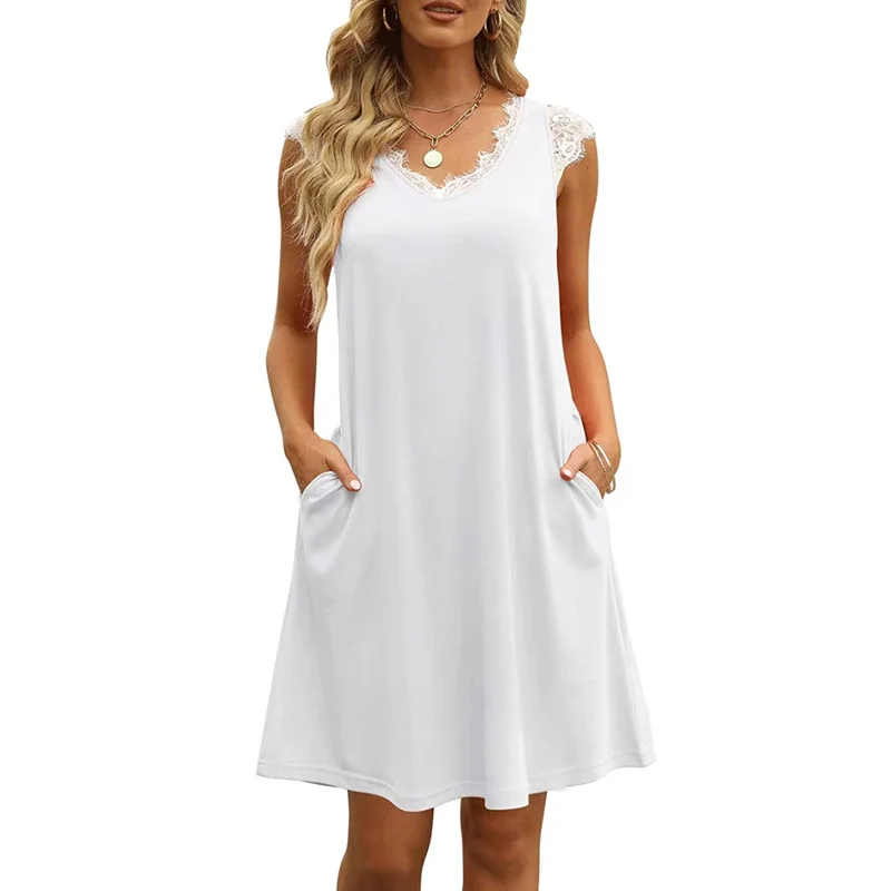 Lace Stitched V-neck Dress Women's Solid Skirt White Dresses | EGEMISS